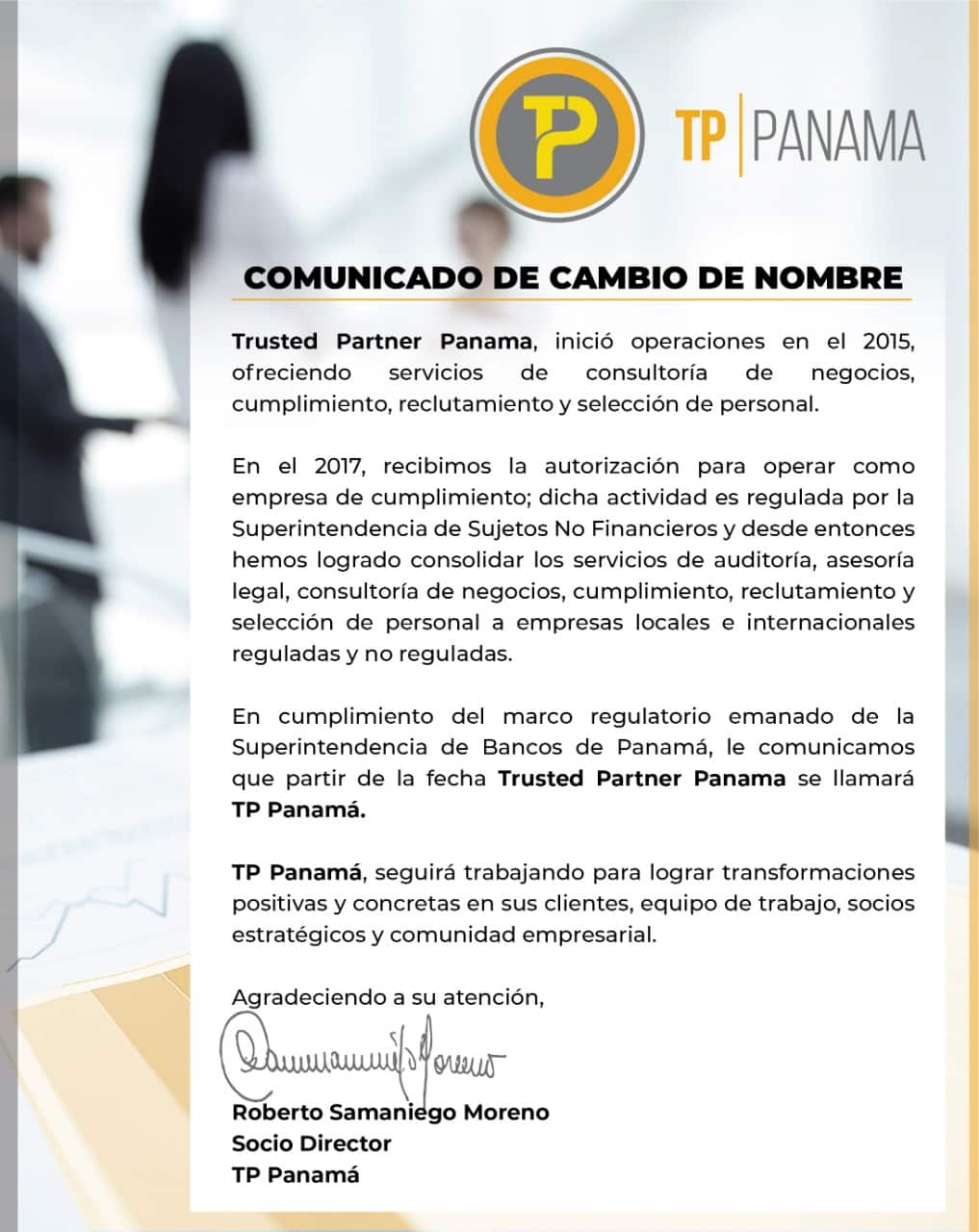 Comunicado de cambio de nombre